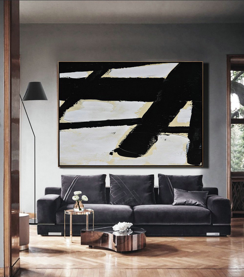 Living Room Wall Art,Horizontal Palette Knife Minimal Canvas Art Painting Black White Beige - Big Canvas Painting